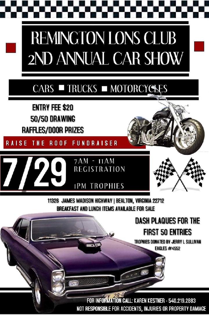 <h1 class="tribe-events-single-event-title">Remington Lions Club 2nd Annual Car Show</h1>