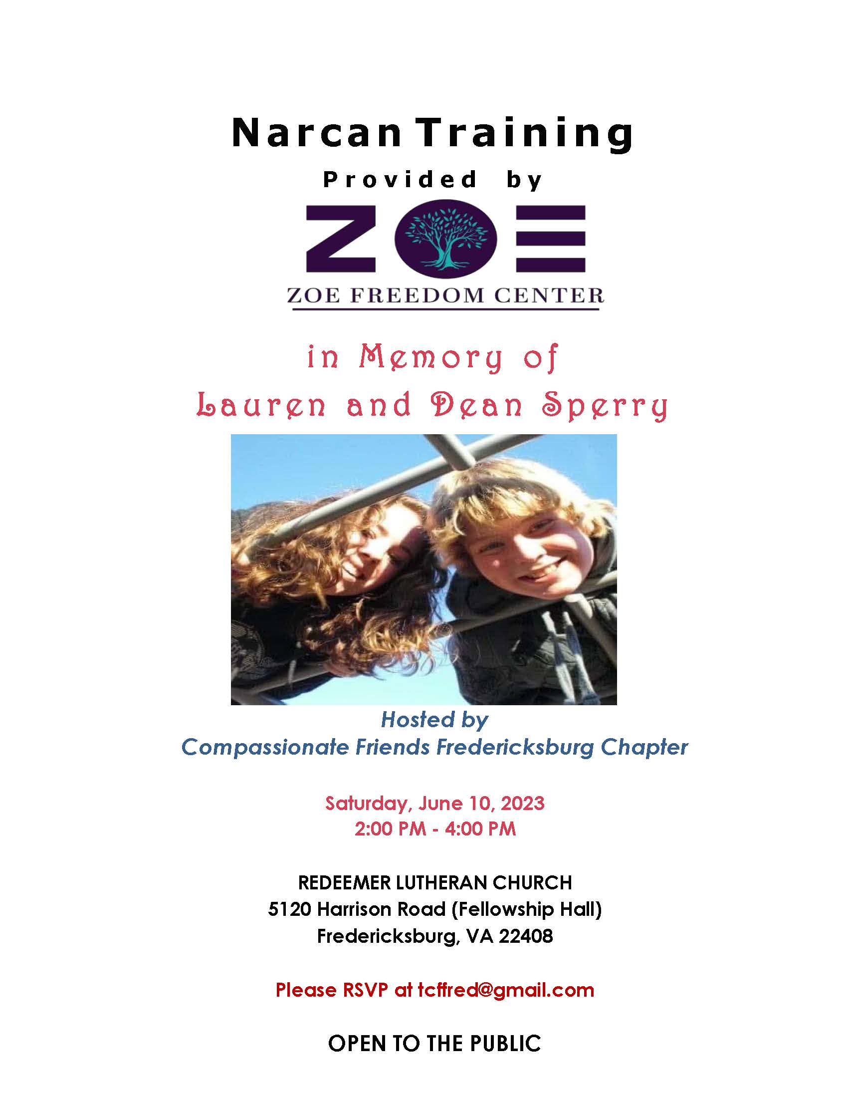 <h1 class="tribe-events-single-event-title">Narcan Training provided by Zoe Freedom Center in Loving Memory of Lauren and Dean Sperry.</h1>